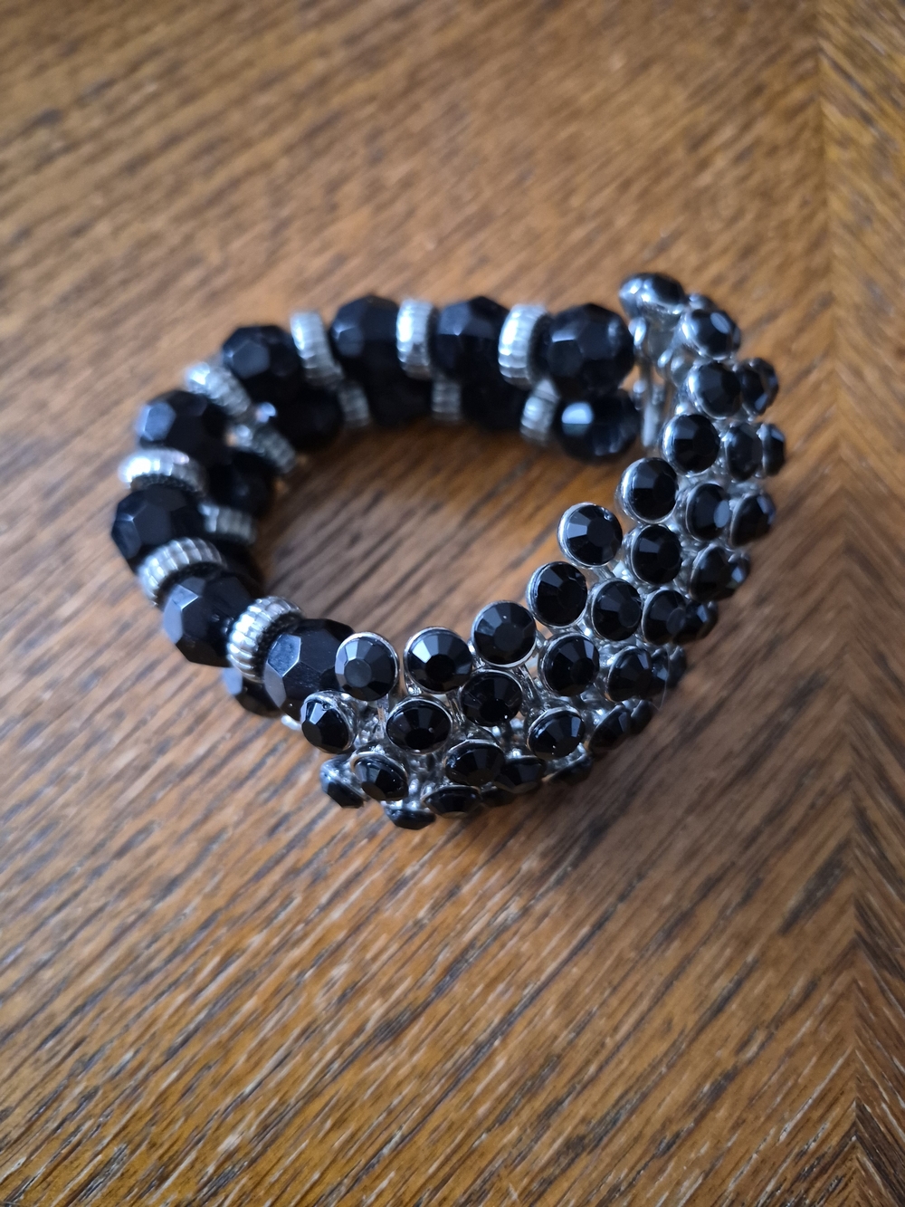 Black Faceted Bead Stretch Bracelet with Rhinestone Accents